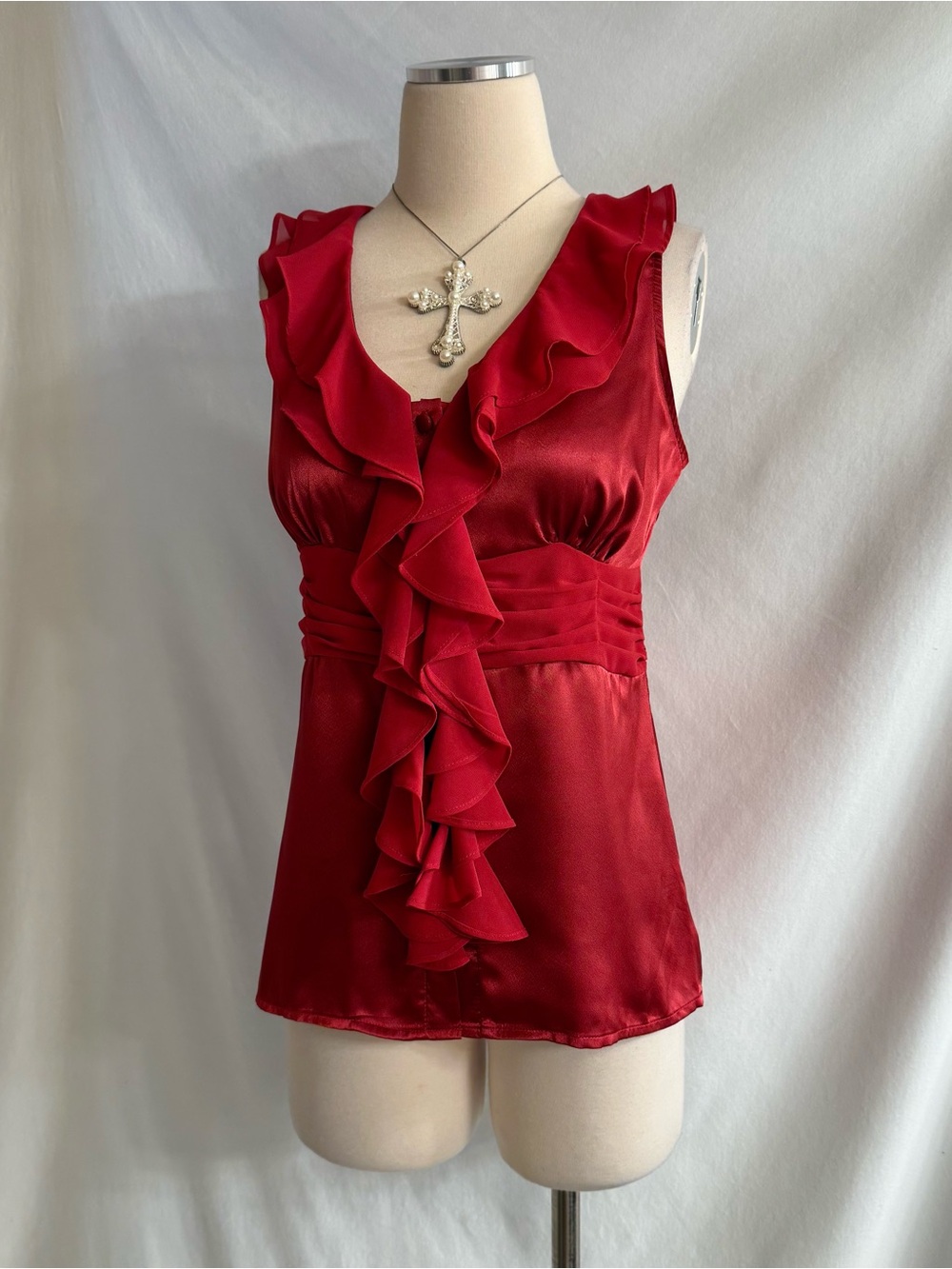 Y2K Red Satin Sleeveless Ruffle Top